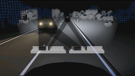 Mercedes’ Multibeam LED headlight tracks oncoming vehicles and dynamically darkens the corresponding LEDs as the vehicle passes by.