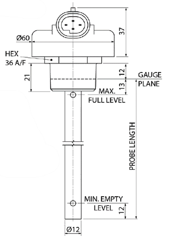 Mechanical Drawing - Amphenol Rochester Sensors T/LL130 Capacitance Liquid Level Sensors