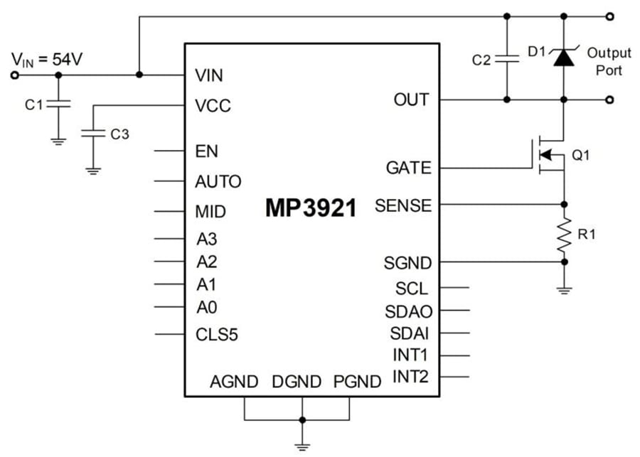 Application Circuit Diagram - Monolithic Power Systems (MPS) MP3921 Single-Port PSE Power Controller