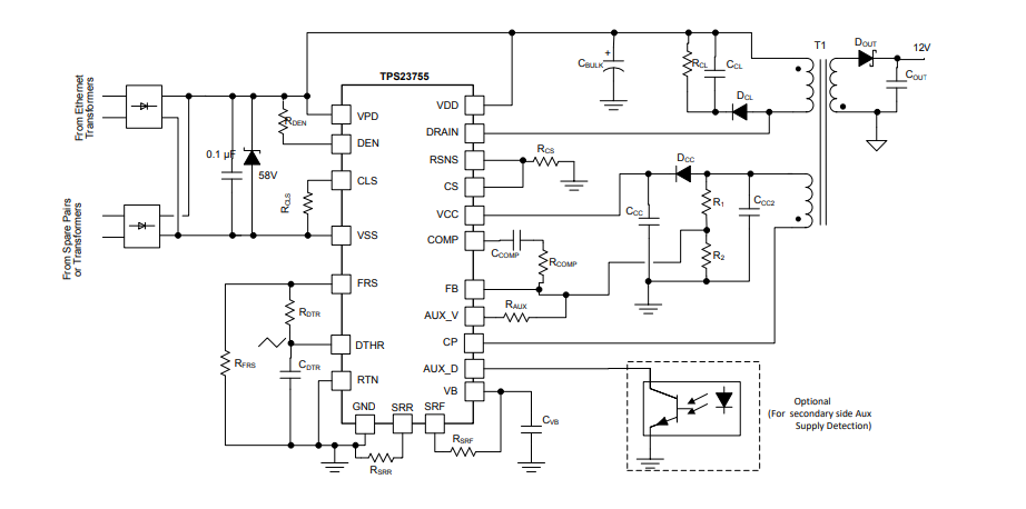 Application Circuit Diagram - Texas Instruments TPS23755 PoE DC-DC Controllers