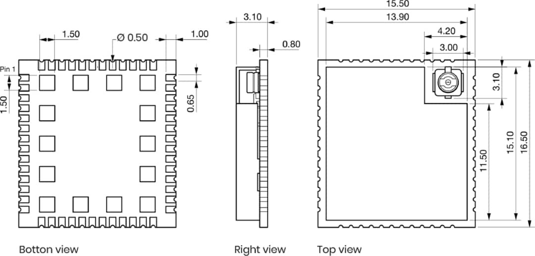 Mechanical Drawing - Move-X MAMWLE-xx Low Power Radio Module