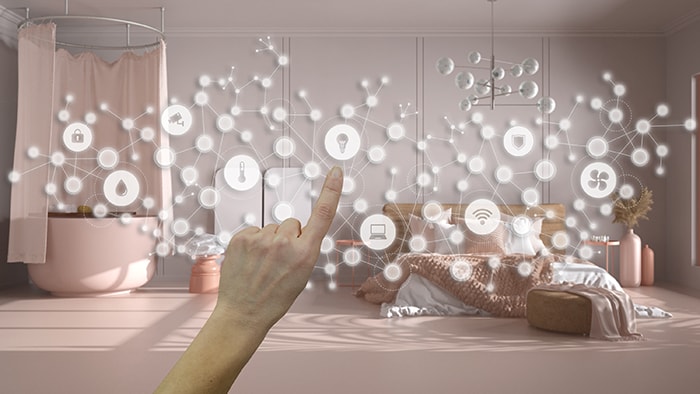 Glowing smart home interface, geometric background, connected line and dots showing internet of things system, hand pointing icons over classic bathroom and bedroom, home automation, 3d illustration
