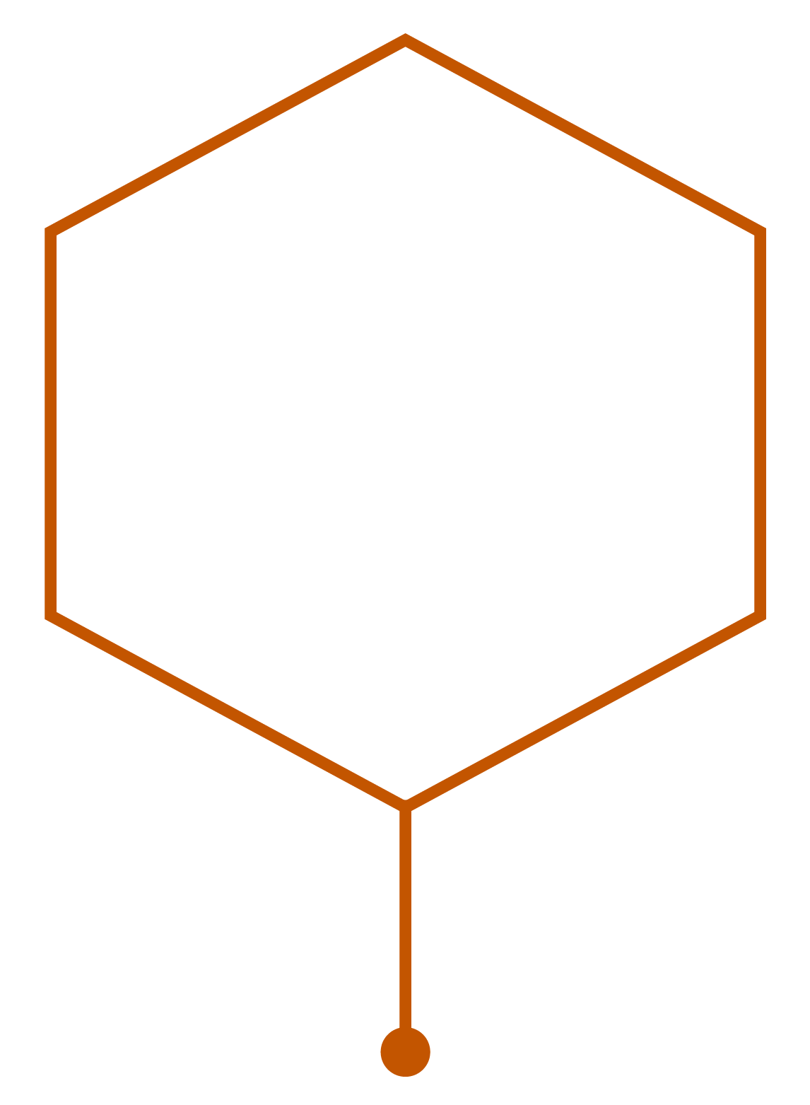 A orange hexagon outline with six sides with a line and circle extending from bottom point of hexagon with a white icon of a brain and circuit in the middle of the hexagon